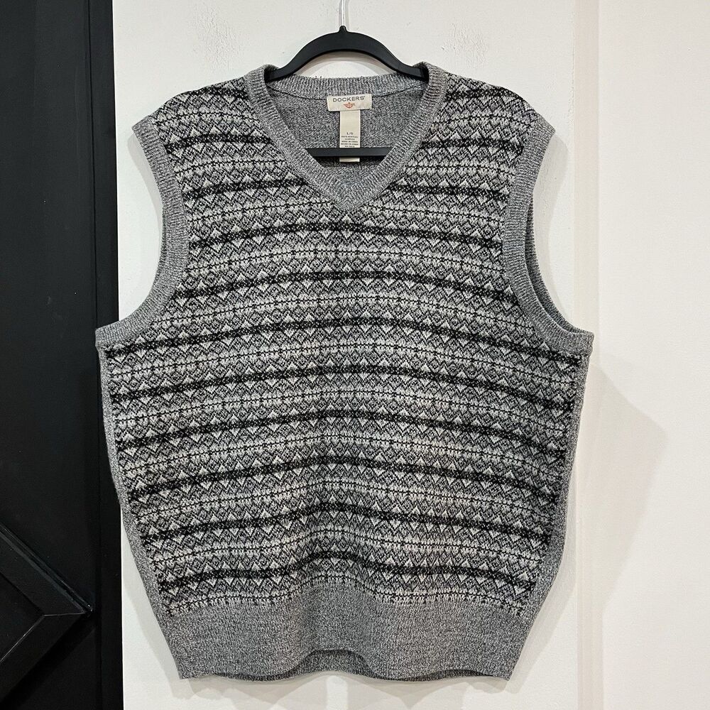 Dockers Men’s Gray Patterned Sweater Vest Size Large Preppy Academia Acrylic